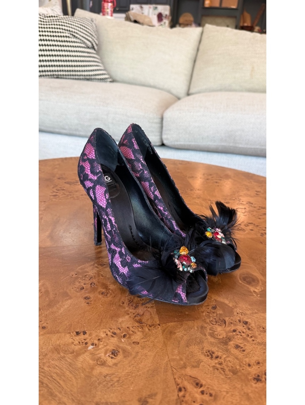 Dolce & Gabbana Pink and Black Lace Peep Toe Heels with Feather and Jewel Detail